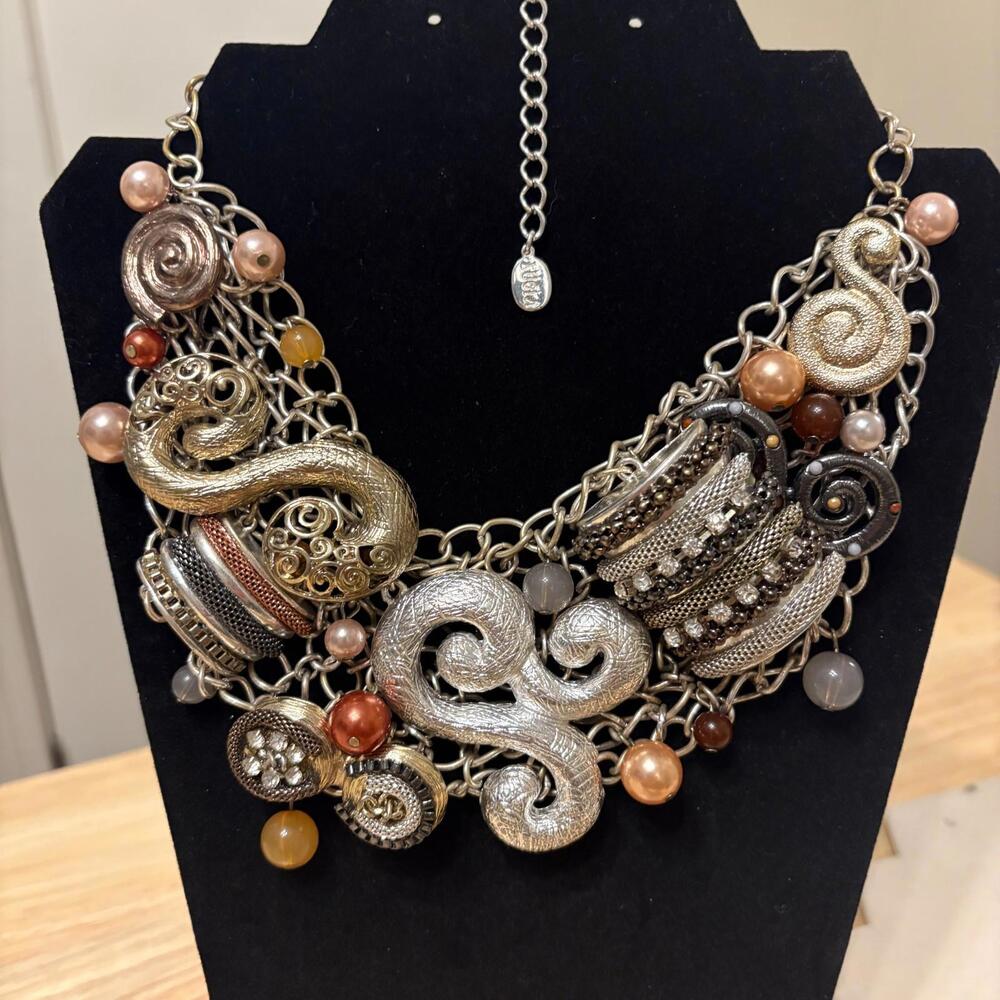 Vintage Lucia Chunky Bib Metal Statement Necklace Gold Tone Silver Tone Beads